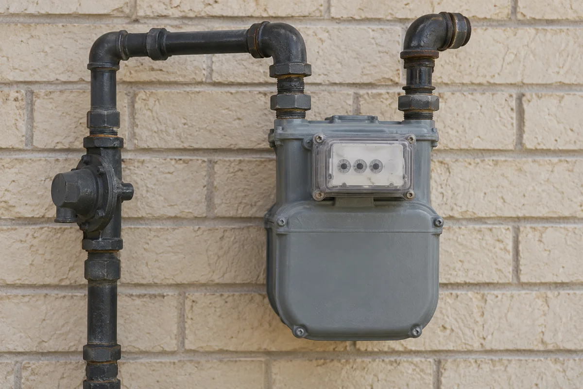 Gas meter and exposed piping on a brick wall