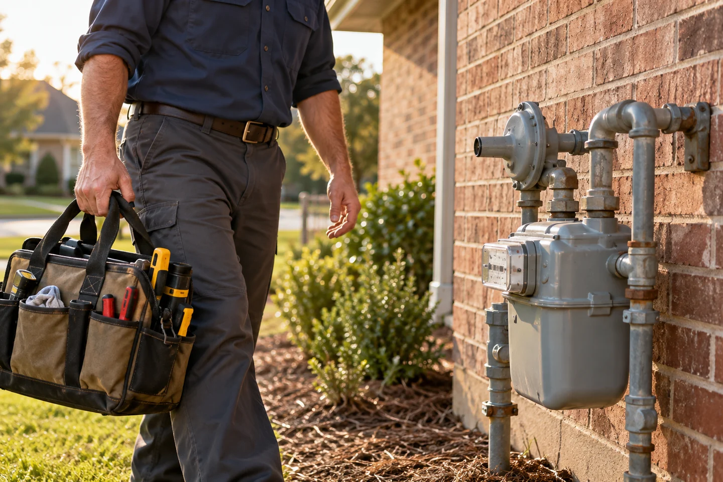 Gas meter at a brick home with a tool bag nearby