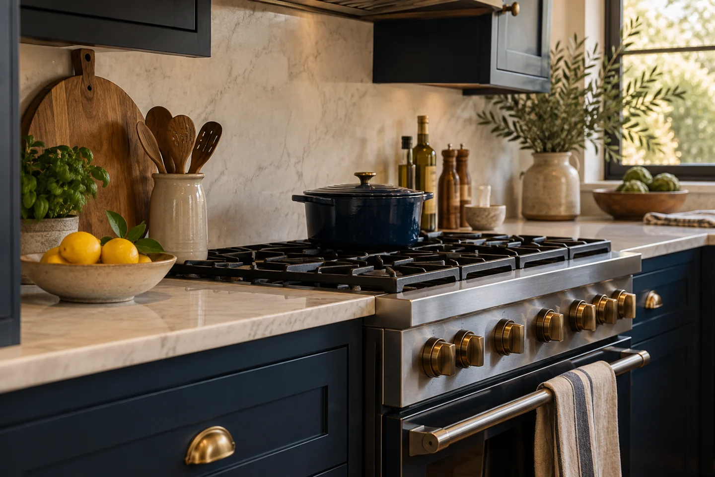 Gas range and navy cabinets in a bright kitchen